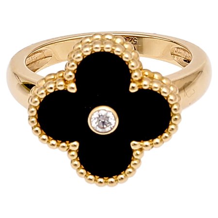 Van Cleef & Arpels Vintage Alhambra Onyx Diamond 18K Yellow Gold Ring