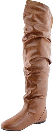 Amazon.com | Nature Breeze Women's Stretchy Thigh High Boot Tan PU 9 B(M) US | Over-the-Knee