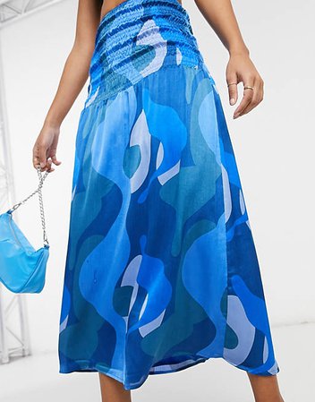 Never Fully Dressed matching shirred midi skirt in blue abstract print | ASOS