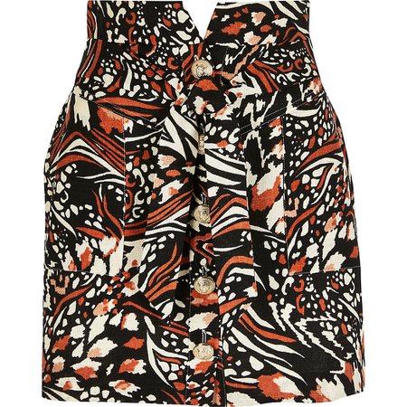 Brown printed button front belted mini skirt | River Island