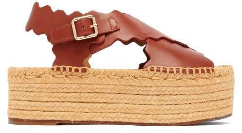 Scalloped Leather Flatform Espadrilles - Womens - Brown