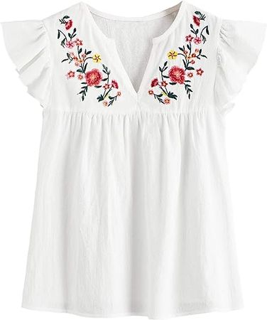 Floerns Women's Floral Embroidered V Neck Ruffle Cap Sleeve Peplum Blouse Top at Amazon Women’s Clothing store