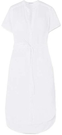 Belted Linen Midi Dress - White
