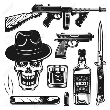 Set Of Mafia And Gangsters Vintage Objects Isolated On White Background Royalty Free SVG, Cliparts, Vectors, And Stock Illustration. Image 97754010.