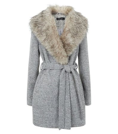 Light Grey Flecked Faux Fur Collar Belted Coat | New Look