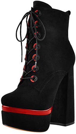 Amazon.com | Yolkomo Women's Two Tone Platform Lace-Up Ankle Boots Block Chunky Heels Bright Black Size5 | Ankle & Bootie