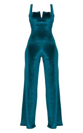 Emerald Green Velvet V Bar Strappy Wide Leg Jumpsuit | PrettyLittleThing USA