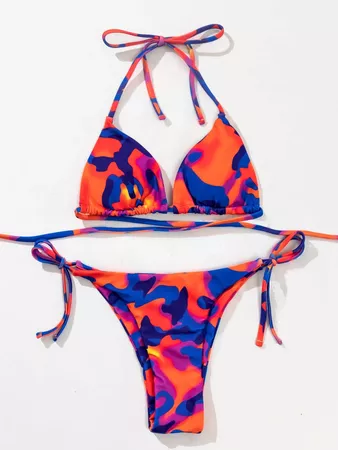 Bañador bikini con cordón lateral triángulo con estampado de camuflaje | SHEIN USA