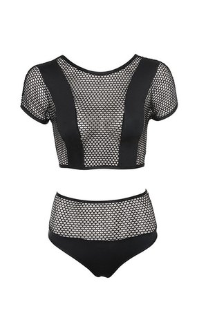 Clothing : Swimwear : 'Marseilles' Black Fishnet Mesh Two Piece Swimwear Set