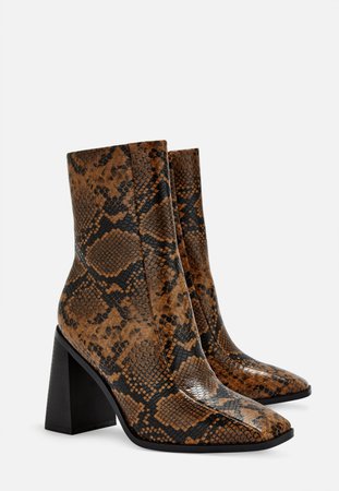 Tan Snake Print Square Toe Ankle Boots | Missguided