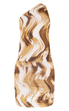 Brown Abstract Print Slinky One Shoulder Ruched Bodycon Dress | PrettyLittleThing USA