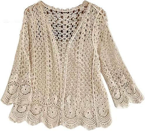 Women's Summer Long Sleeve Cardigan Hollow Out Crochet Knit Floral Cover Up Open Front Scalloped Mesh Beach Shrug Coat Beige at Amazon Women’s Clothing store