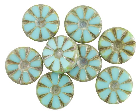 Czech Glass Green Turquoise Picasso Flower Window Coin 12mm - Lima Beads