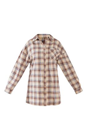 Stone Check Flannel Curved Hem Shirt Dress | PrettyLittleThing USA