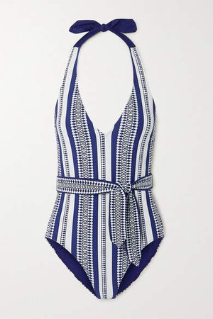 Luchia Belted Stretch-jacquard Swimsuit - Navy