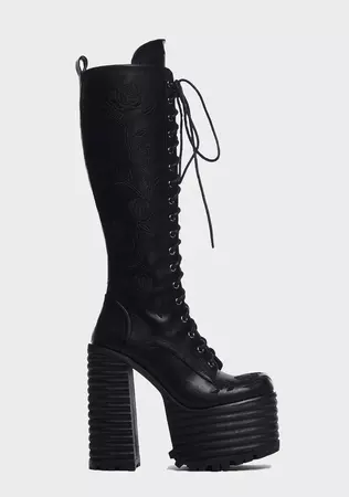 Current Mood Floral Embroidered Knee High Platform Combat Boots - Black/Gray – Dolls Kill