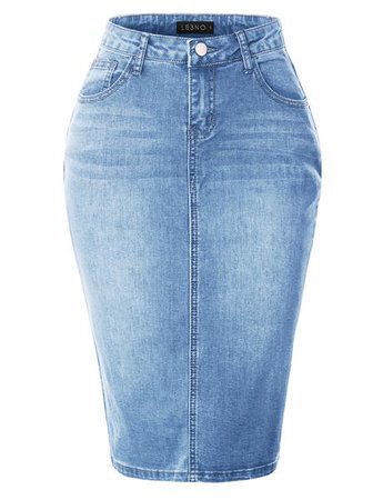LE3NO Womens Stretchy Mid Rise Push Up Cotton Denim Jean Pencil Midi Skirt | LE3NO blue