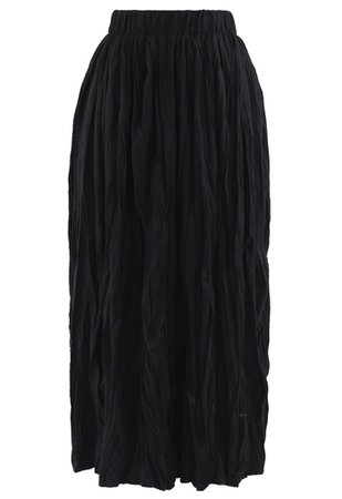 Black Velvet Pleated A-Line Midi Skirt in Black - Retro, Indie and Unique Fashion