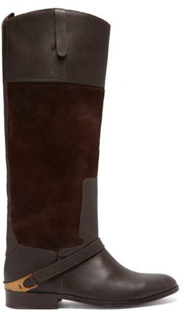 Charlye Leather And Suede Knee High Boots - Womens - Dark Brown