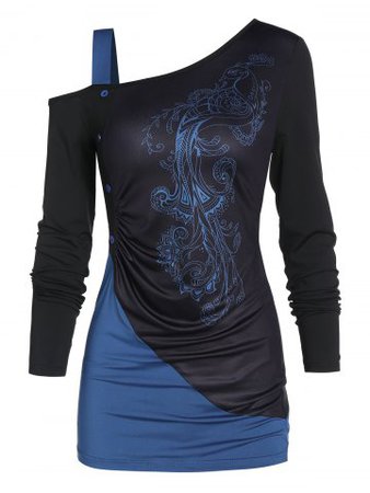 Peacock Print Two Tone Exposed Shoulder T Shirt