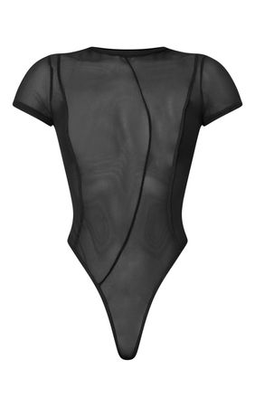 Black Mesh Overlock Short Sleeve Bodysuit | PrettyLittleThing CA