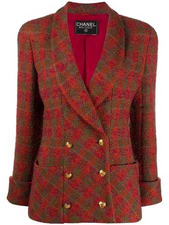 Chanel Red Diagonal Check Double Breasted Blazer