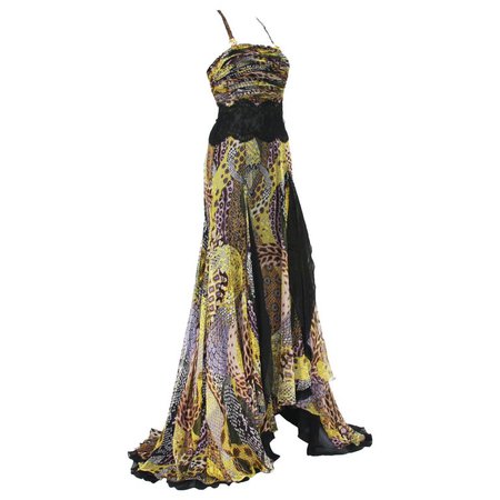 Versace 90's Silk Snake Print Sheer Lace Medusa Embellished Dress Gown For Sale at 1stDibs | snake gown, medusa gown, sheer embellished dress