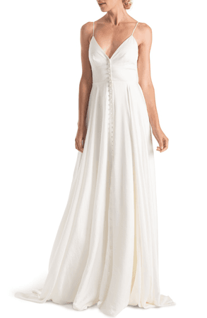 Joplin Slit Front Button-Up V-Neck Wedding Dress in White