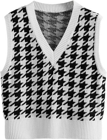 SweatyRocks Women's Sleeveless V Neck Knit Sweater Vest Houndstooth Crop Tank Top White Black S at Amazon Women’s Clothing store
