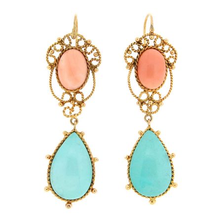 Handcraft Coral 14 Karat Yellow Gold Turquoise Drop Earrings For Sale at 1stDibs