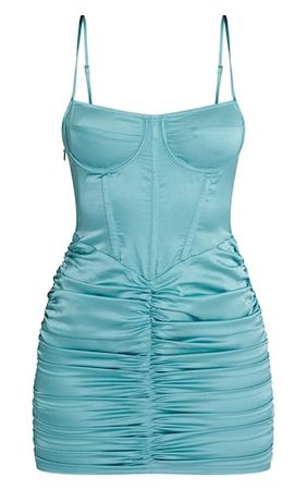 Teal Satin Strappy Corset Skirt Bodycon Dress | PrettyLittleThing USA