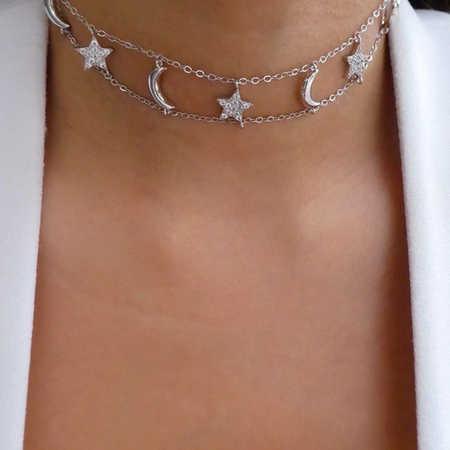 silver moon&Star choker necklace