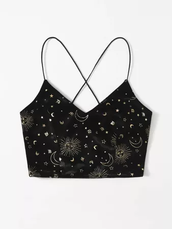 Velvet Sun & Moon Graphic Lace Up Crop Cami | ROMWE USA