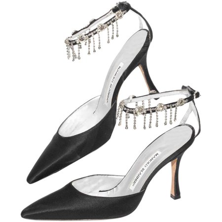 Manolo Blahnik Black Satin Pointy Toe Heel With Rhinestone Ankle Strap For Sale at 1stDibs | pointed toe heels with ankle strap