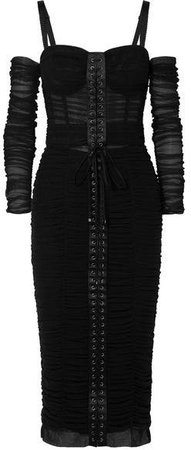 Cold-shoulder Lace-up Stretch-tulle Midi Dress - Black