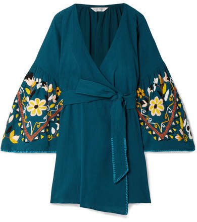 Studio - Embroidered Crinkled-cotton Wrap Dress - Teal