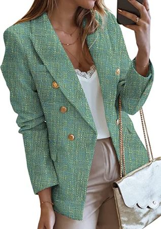 Amazon.com: Paitluc Blazer Jackets for Women Tweed Double Breasted Elegant Lightweight Cardigan Outwear Green L : Clothing, Shoes & Jewelry
