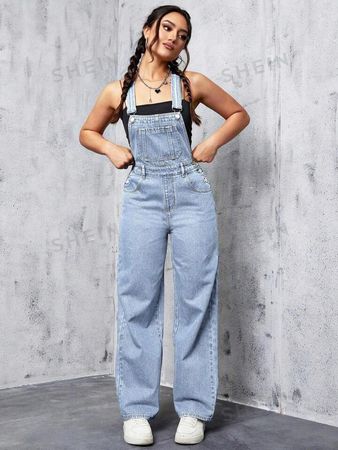 SHEIN Patched Pocket Denim Overalls Without Cami Top | SHEIN