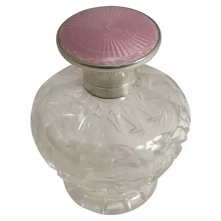Cut Crystal Perfume Bottle, English Sterling Silver and Pink Guilloche Enamel For Sale at 1stDibs | wells sterling perfume bottle