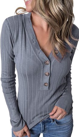 MEROKEETY Women's Long Sleeve V Neck Ribbed Button Knit Sweater Solid Color Tops Grey