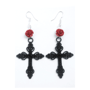 Red Rose Ornate Black Cross Gothic Earrings | Gothic