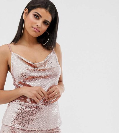 Tall cowl neck cami top in pink sequin