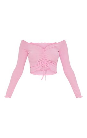 Pink Rib Frill Long Sleeve Bardot Top | Tops | PrettyLittleThing