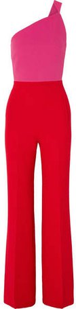 One-shoulder Two-tone Wool-crepe Jumpsuit - Red