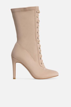 Amina Lace Up Boots in Nude Beige Lycra | Women's Heels, Boots & Shoes