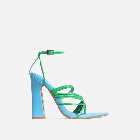 Scout Pointed Toe Green Strappy Flared Block Heel In Blue Faux Leather | EGO