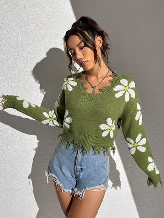 Floral Pattern Drop Shoulder Distressed Sweater | SHEIN