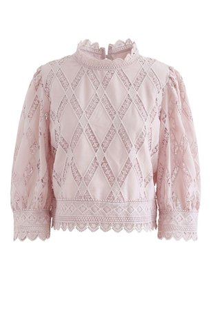 Crochet Inserted Puff Sleeves Crop Top in Dusty Pink - Retro, Indie and Unique Fashion
