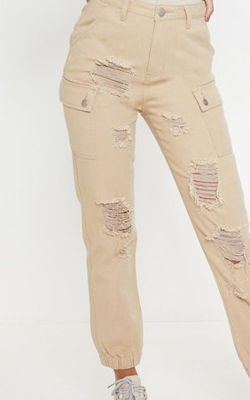 Stone Distressed Cargo Pocket Jeans | Denim | PrettyLittleThing