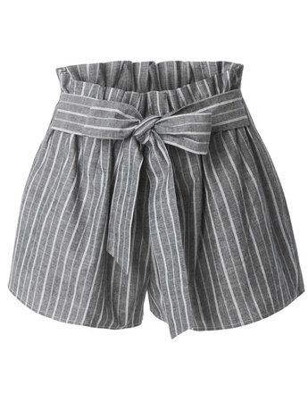 High Waisted Belted Ruffle Striped Shorts with Ribbon Tie Closure | LE3NO grey